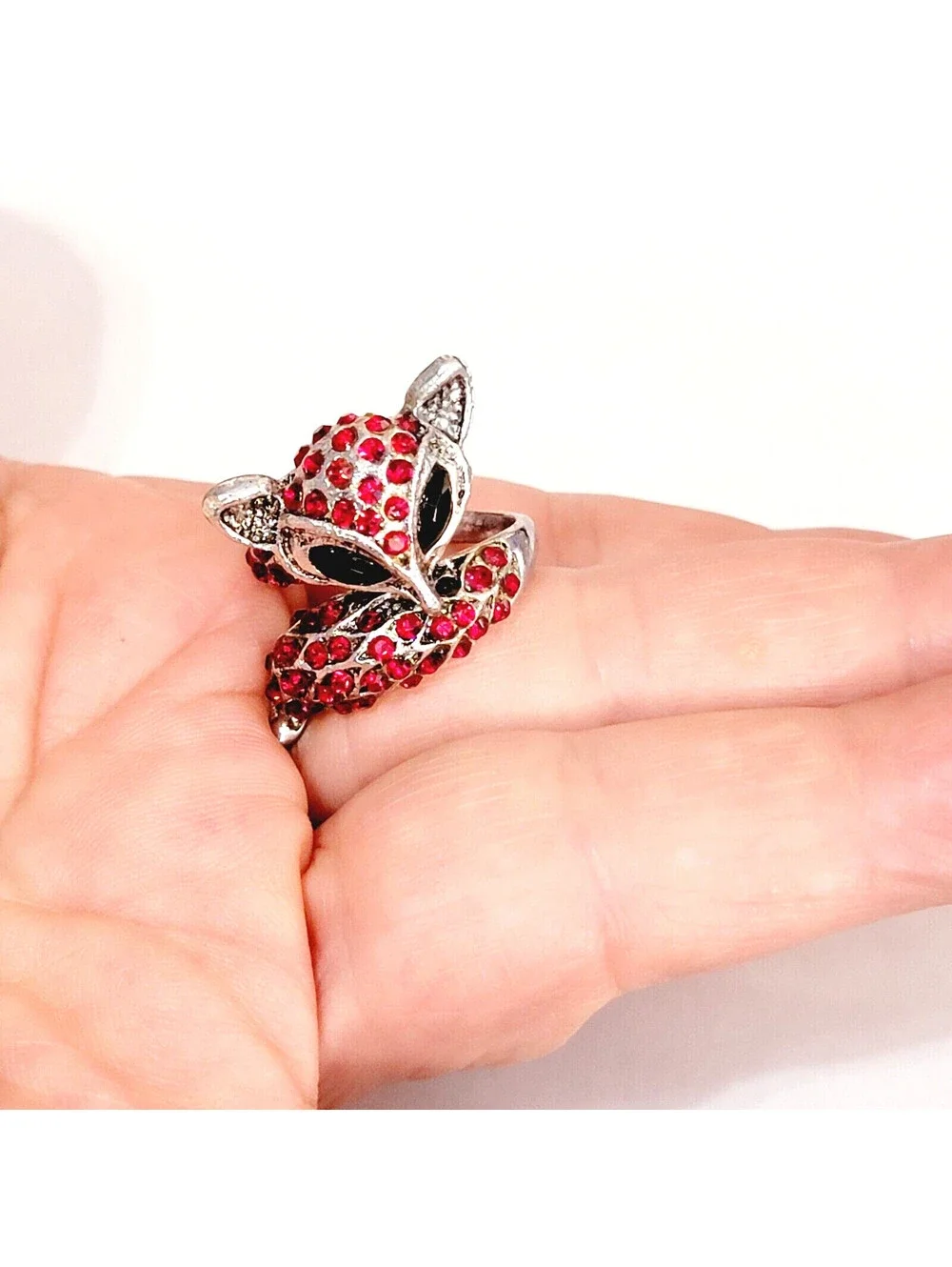 Red Rhinestone Fox Ring Size 7.5 Sparkly Figural Contemporary Jewelry  r-